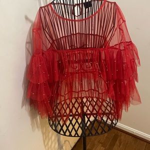 Sheer red with silver beads waist length top..